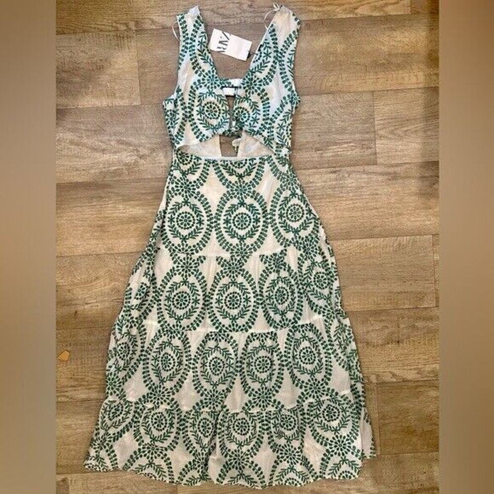 Zara NWT Green White Front Knot Cutout Midi Dress Resort Vacation M L - Picture 15 of 16